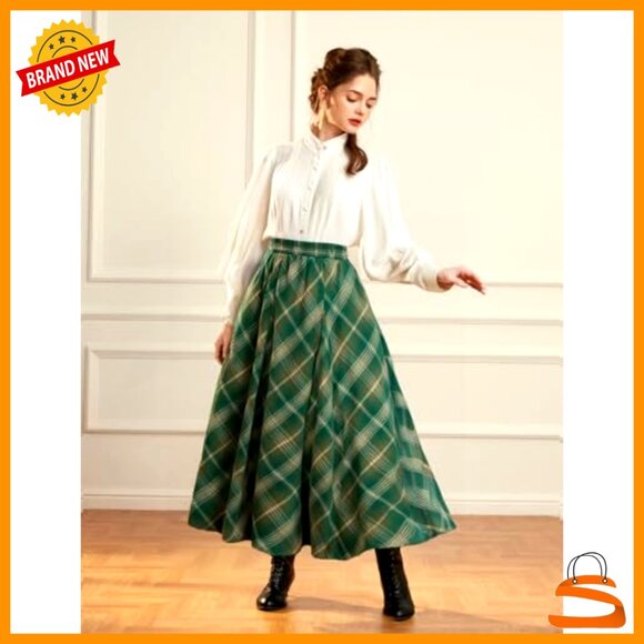 Long Plaid High Waist A-Line Pleated Maxi Skirt with Pockets - Picture 3 of 7